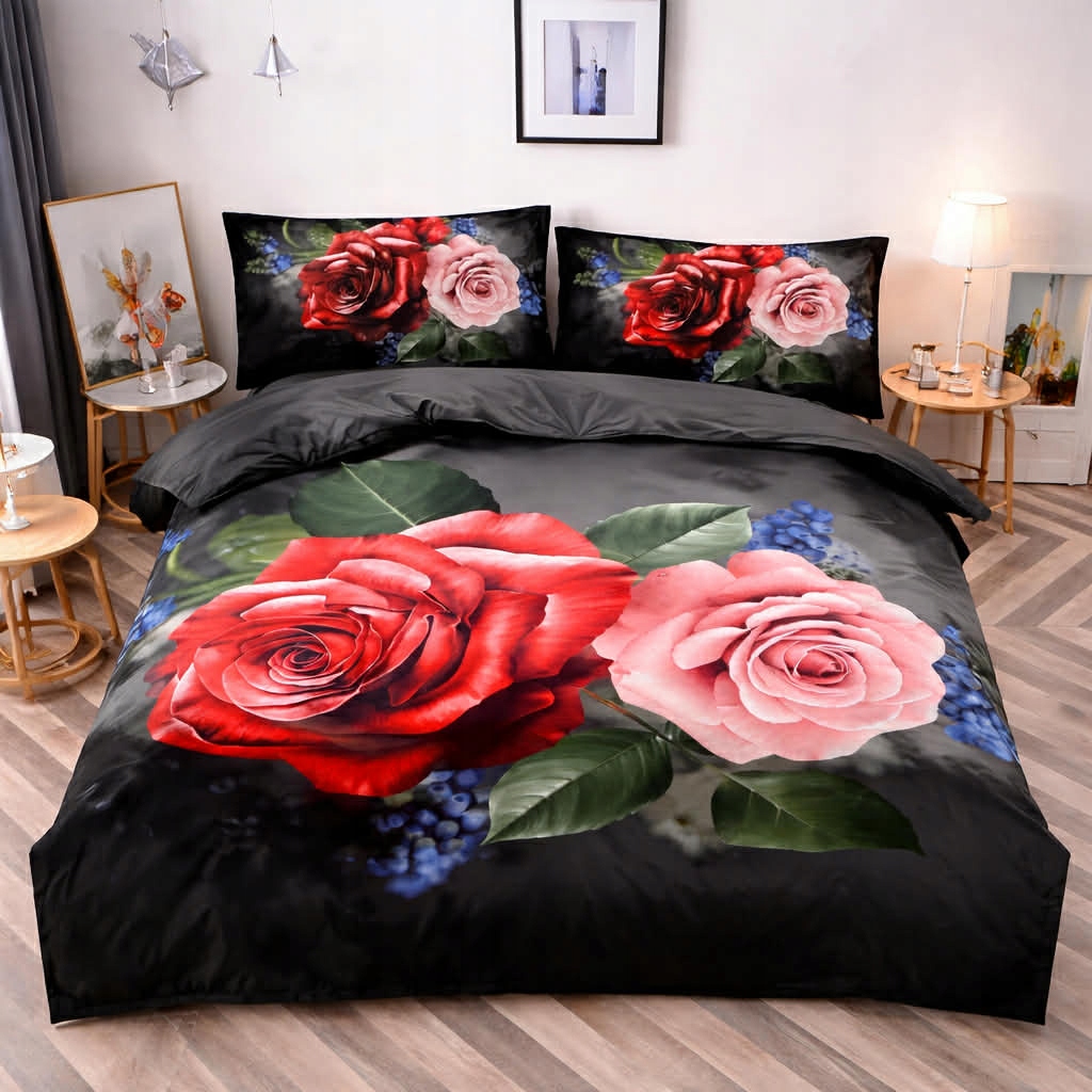 Pościel kwiaty róże szare 140x200 – komplet z prześcieradłem i 2 poszewkami