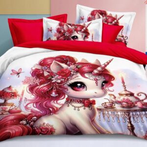 KOMPLET POŚCIELI 160x200 + 2 POSZEWKI NA PODUSZKI JEDNOROŻEC CZERWONY
